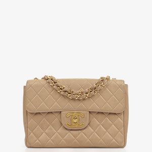 Chanel Jumbo CC Classic Single Flap Maxi Logo Bag Beige Quilted Lambskin 24K Gold-Plated Hardware