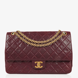 Chanel Vintage Medium Timeless Classic Double Flap Bag Burgundy Quilted Lambskin 24K Gold-Plated Hardware And Mademoiselle Chain
