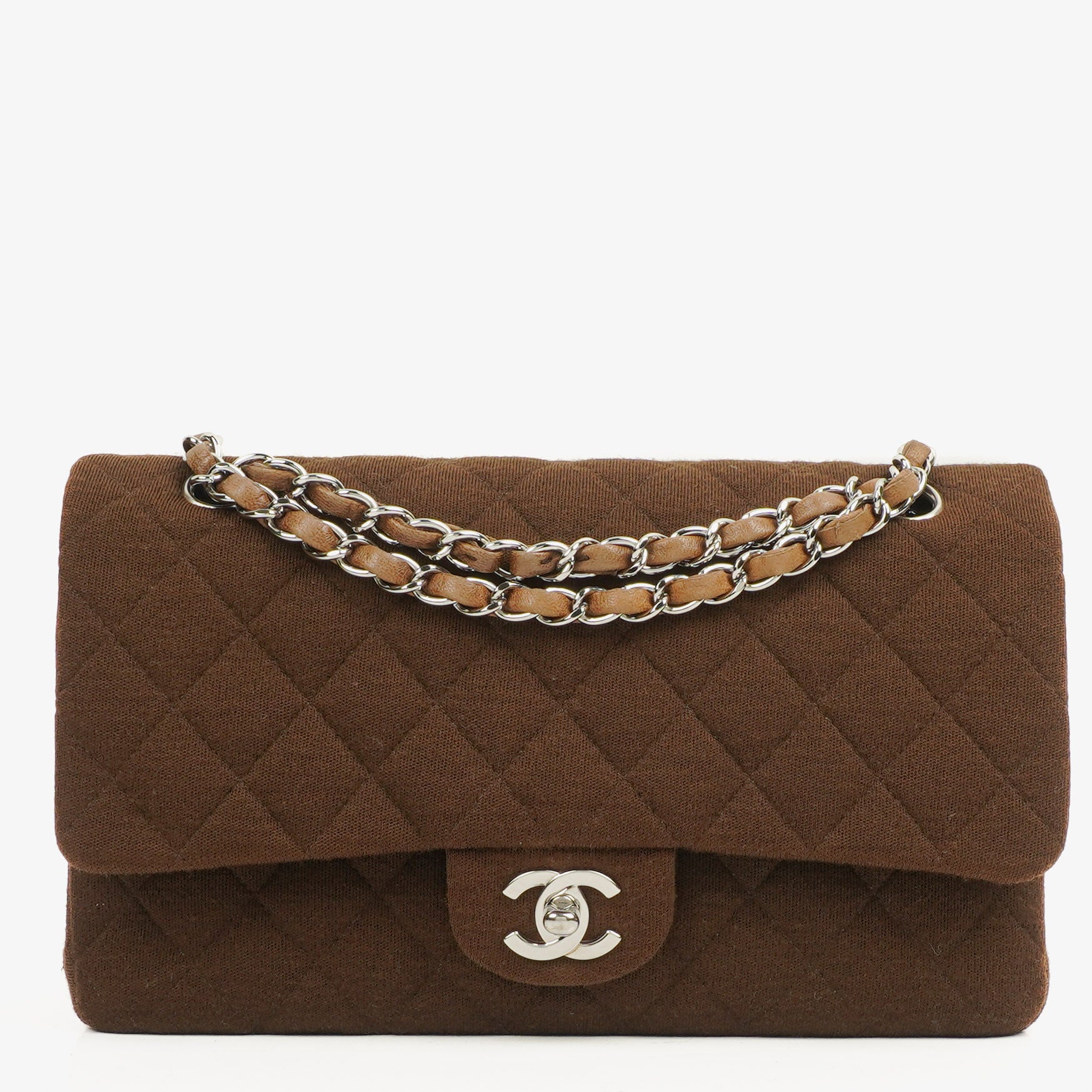 Chanel Vintage Medium Classic Double Flap Bag Brown Jersey Silver-Plated Hardware