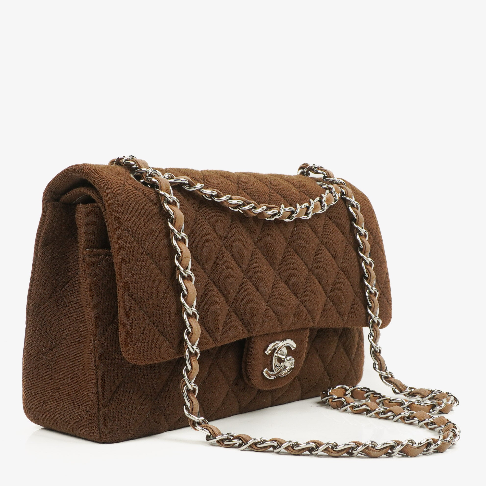 Chanel Vintage Medium Classic Double Flap Bag Brown Jersey Silver-Plated Hardware