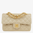 Chanel Small Classic Vintage Double Flap Bag Beige Satin 24K Gold-Plated Hardware