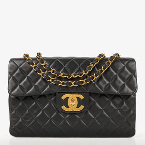 Chanel Maxi CC Classic Single Flap Maxi Logo Bag Black Quilted Lambskin 24K Gold-Plated Hardware