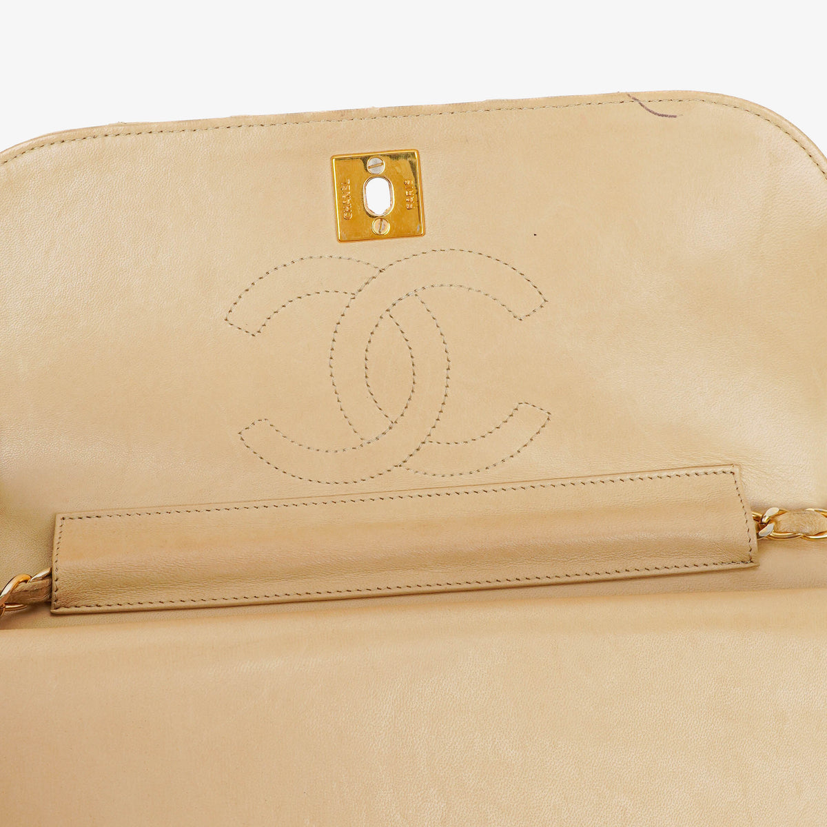 Chanel Classic Half Moon Double Flap Bag In Beige Quilted Lambskin And 24K Gold-Plated Hardware