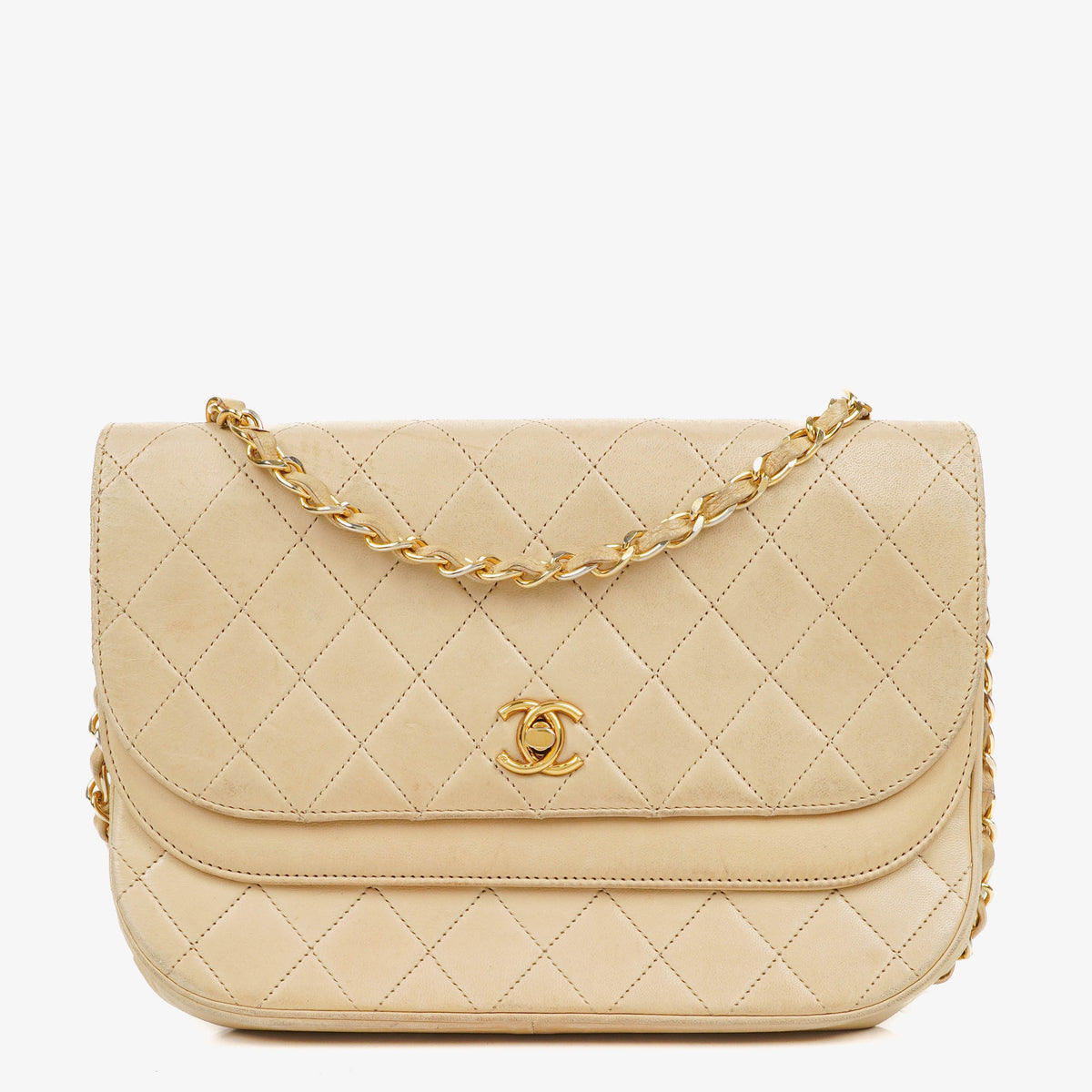 Chanel Classic Half Moon Double Flap Bag In Beige Quilted Lambskin And 24K Gold-Plated Hardware
