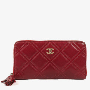 Chanel Double Stitch Tassel Red Leather Zip-Around Long Wallet