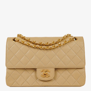 Chanel Medium Classic Vintage Double Flap Bag Beige Quilted Lambskin 24K Gold-Plated Hardware