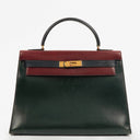 Hermès Kelly 32 Sellier Rouge H, Bleu Marine and Vert Fonce Box Calf Tricolor With Gold Hardware