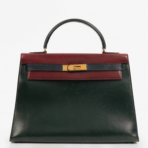 Hermès Kelly 32 Sellier Rouge H, Bleu Marine and Vert Fonce Box Calf Tricolor With Gold Hardware