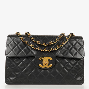 Chanel Maxi CC Classic Single Flap Maxi Logo Bag Black Quilted Lambskin 24K Gold-Plated Hardware