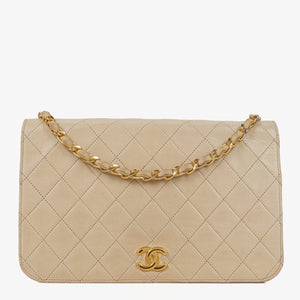 Chanel Classic Full Flap Bag Beige Quilted Lambskin 24K Gold-Plated Hardware
