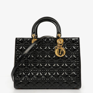 Christian Dior Large Lady Dior Black Cannage Quilted Patent Leather Bag