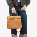 Hermes Herbag Zip 31 PM Vache Hunter Toile Dune/Sable Naturel And Orange With Palladium Hardware