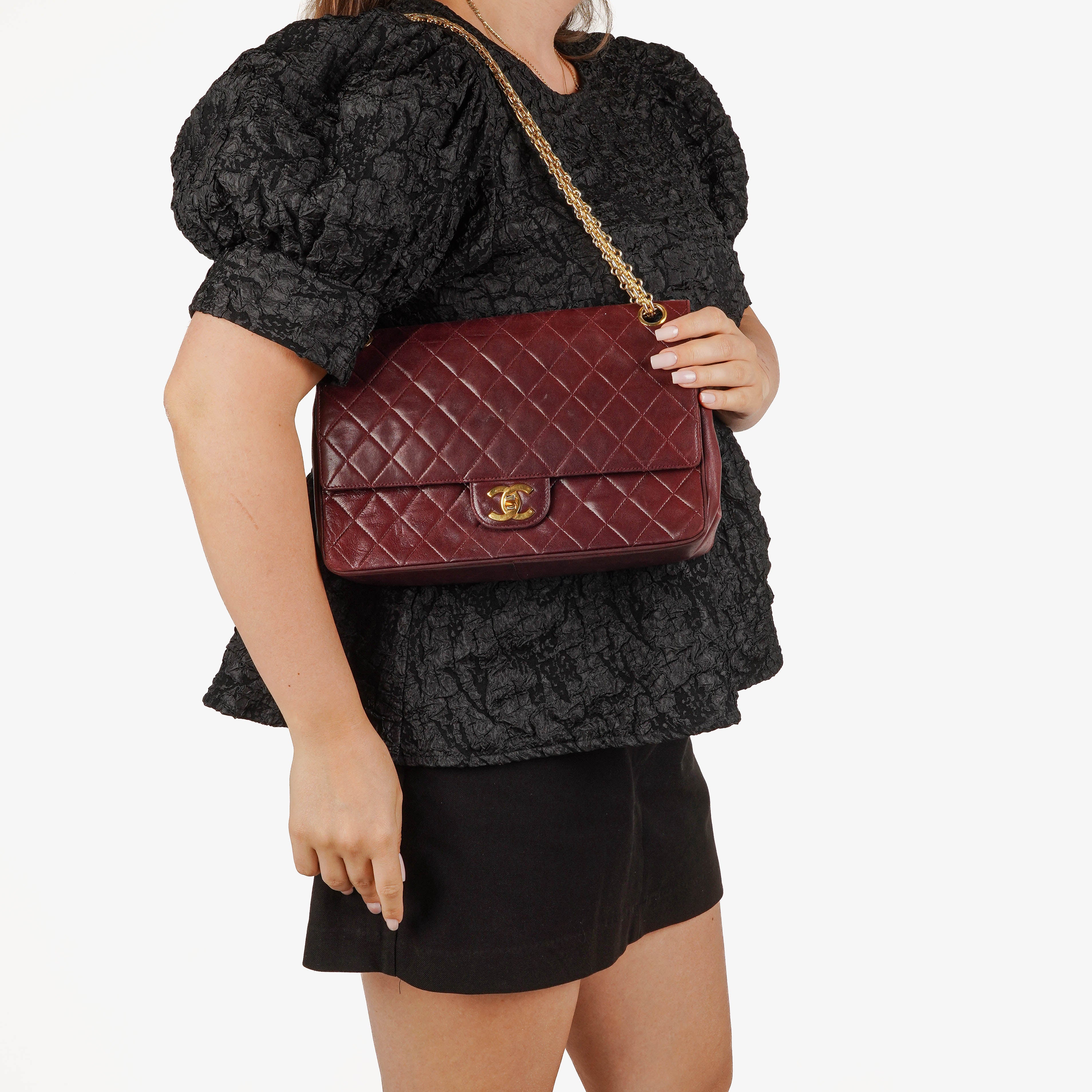 Chanel Vintage Medium Timeless Classic Double Flap Bag Burgundy Quilted Lambskin 24K Gold-Plated Hardware And Mademoiselle Chain