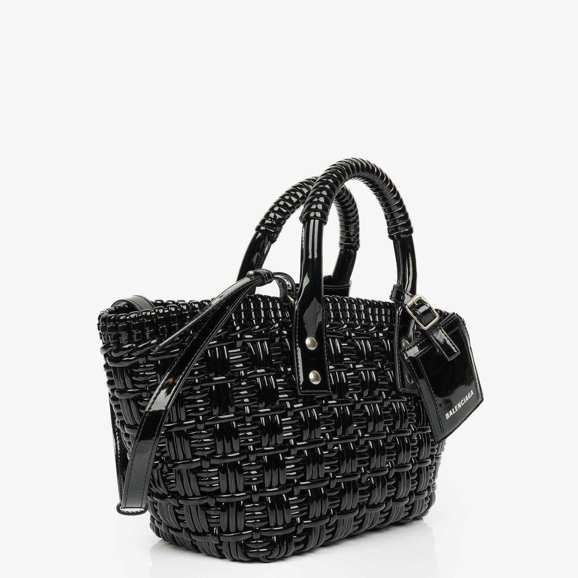 Balenciaga Black Braided Varnished XS Bistro Basket Bag