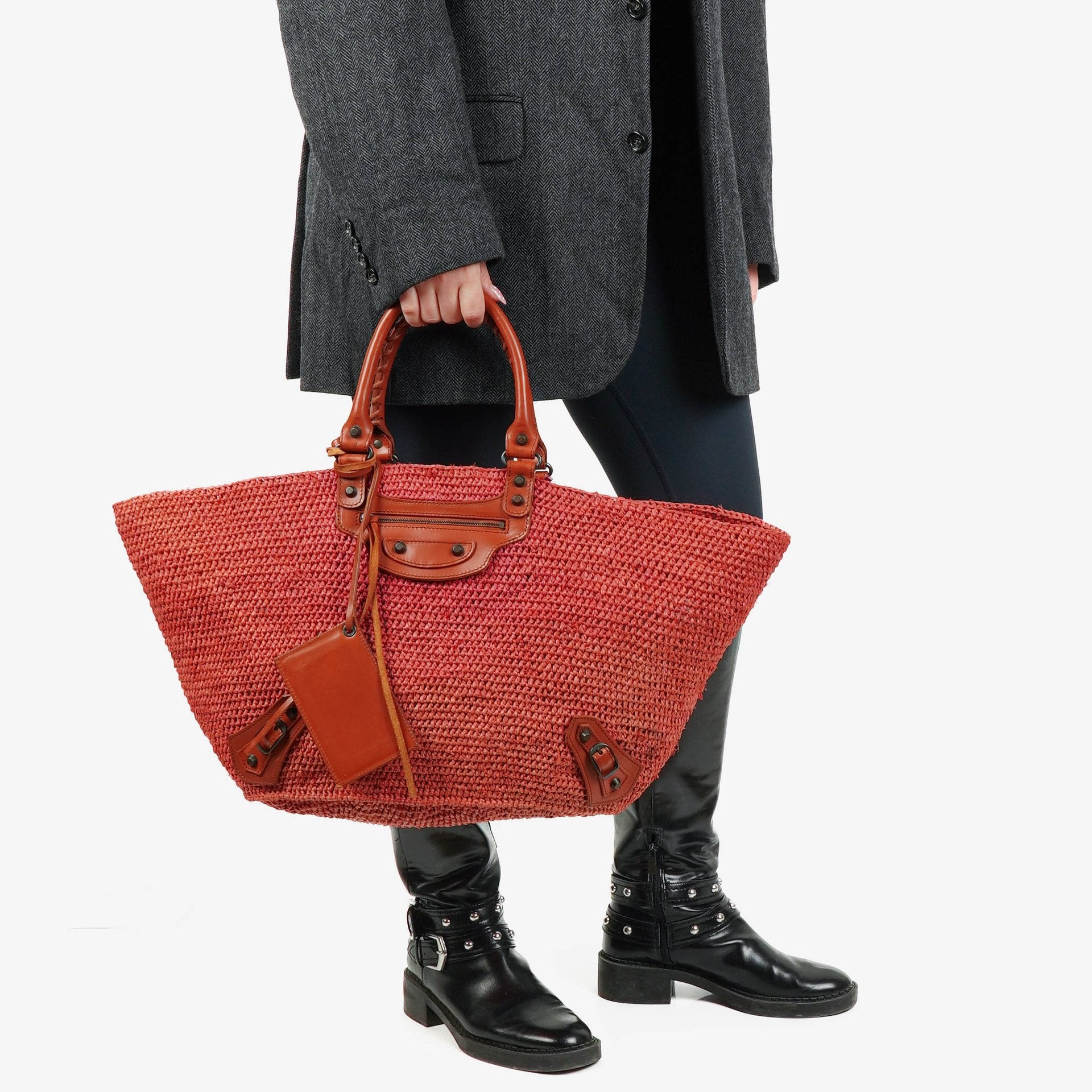 Balenciaga Woven Rafia And Leather Panier Tote Bag
