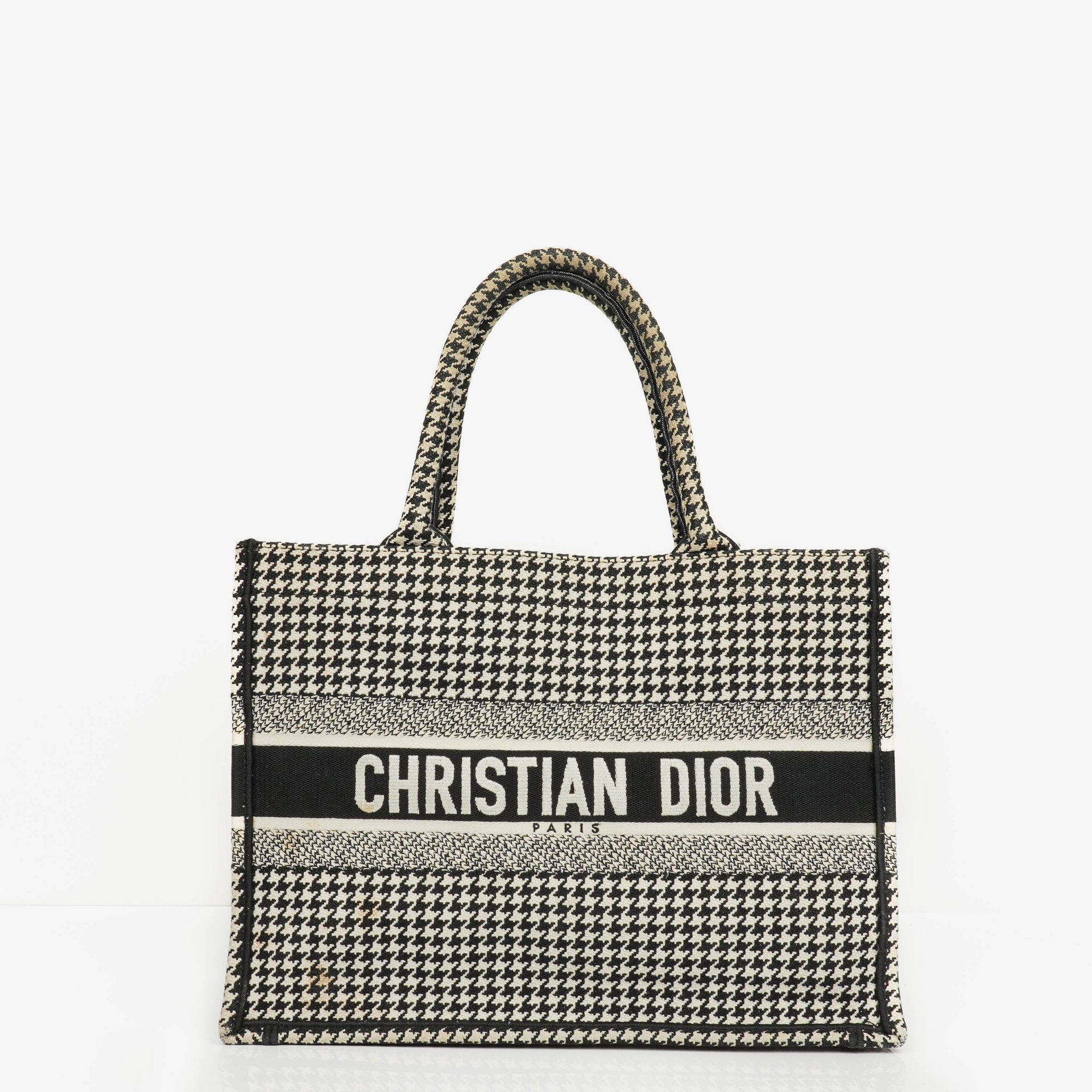 Christian Dior  Canvas Black White Medium Houndstooth Embroidered Book Tote
