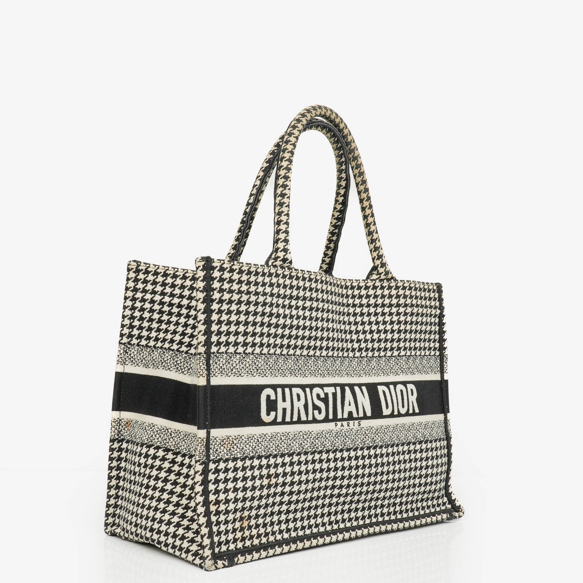 Christian Dior  Canvas Black White Medium Houndstooth Embroidered Book Tote