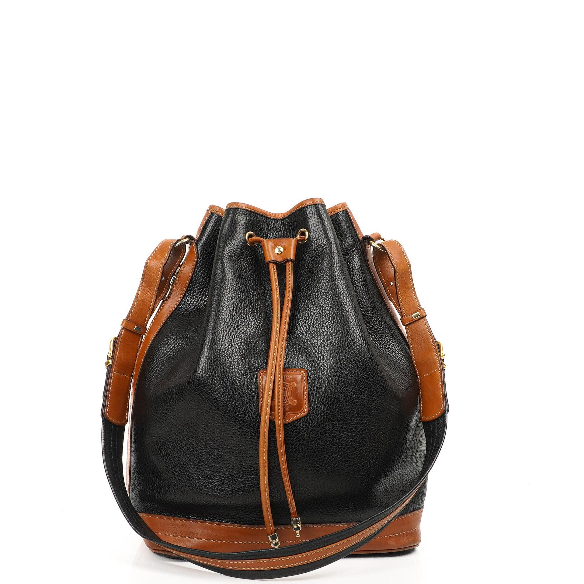 Celine Vintage Black Grained Leather Drawstring Bucket Bag