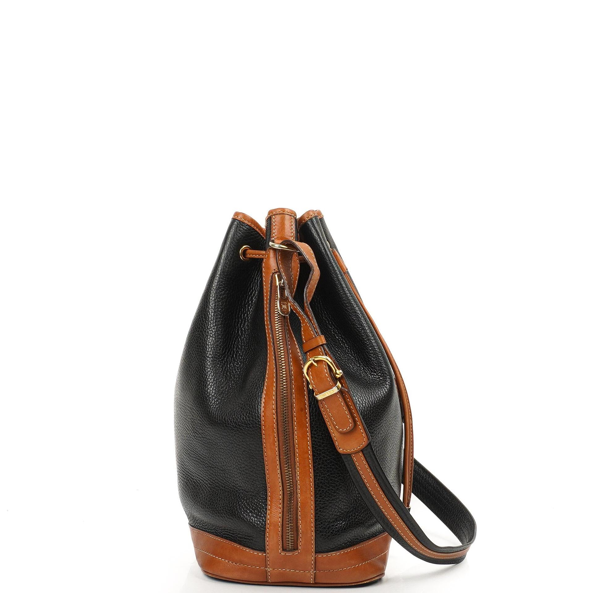 Celine Vintage Black Grained Leather Drawstring Bucket Bag
