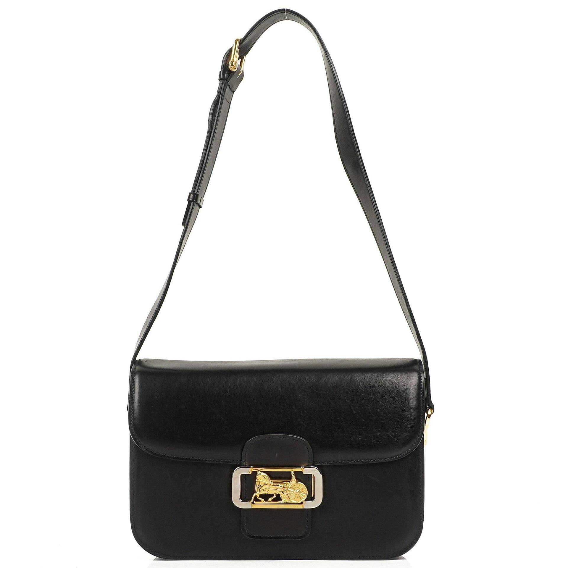 Celine Vintage Caleche Horse Carriage Black Box Calf Shoulder Bag