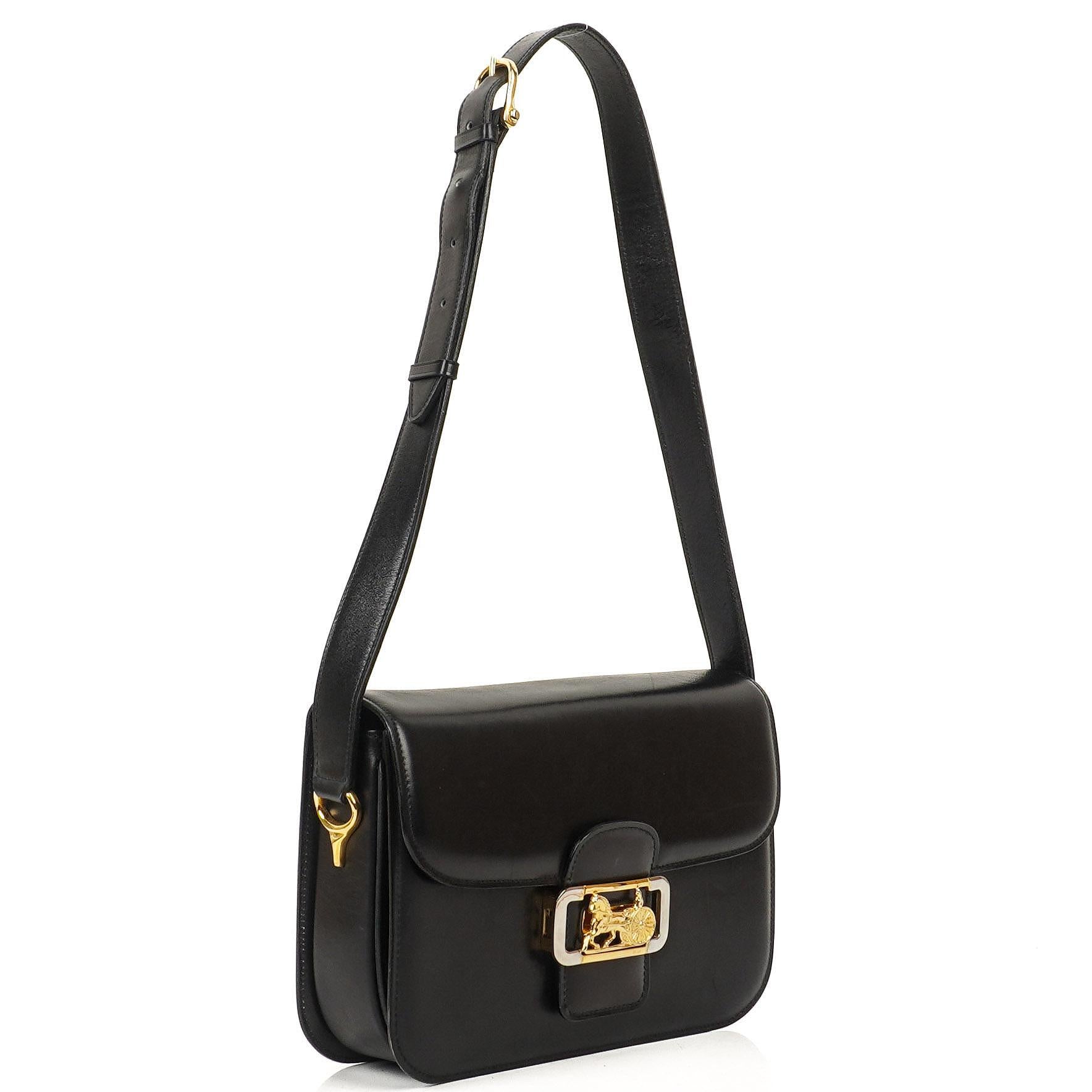 Celine Vintage Caleche Horse Carriage Black Box Calf Shoulder Bag
