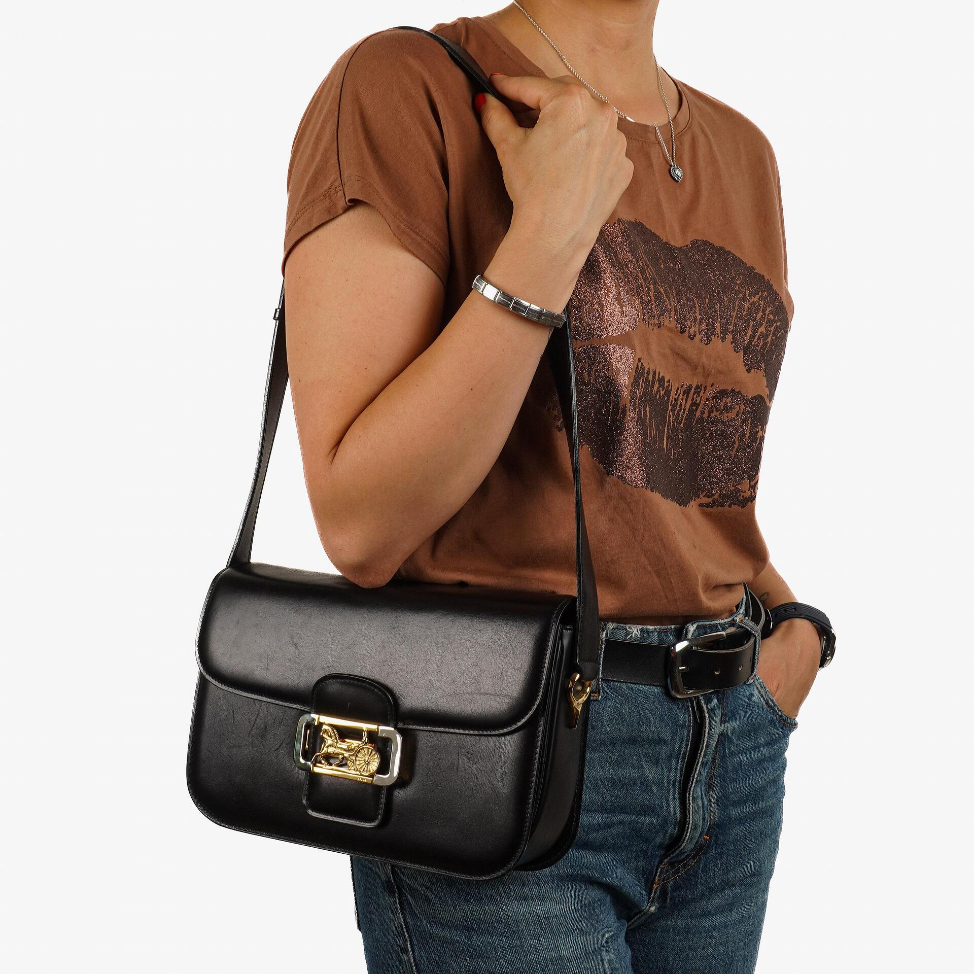 Celine Vintage Caleche Horse Carriage Black Box Calf Shoulder Bag