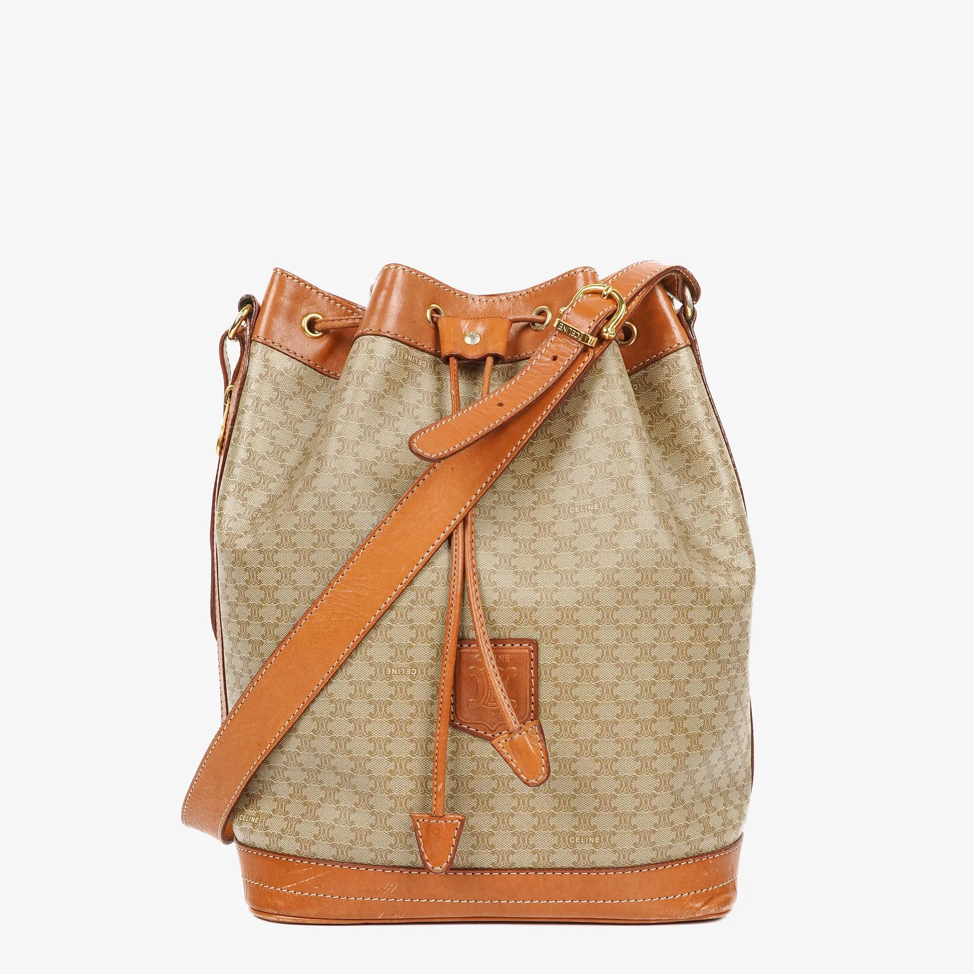 Celine Vintage Macadam Triomphe Beige And Brown Drawstring Bucket Bag