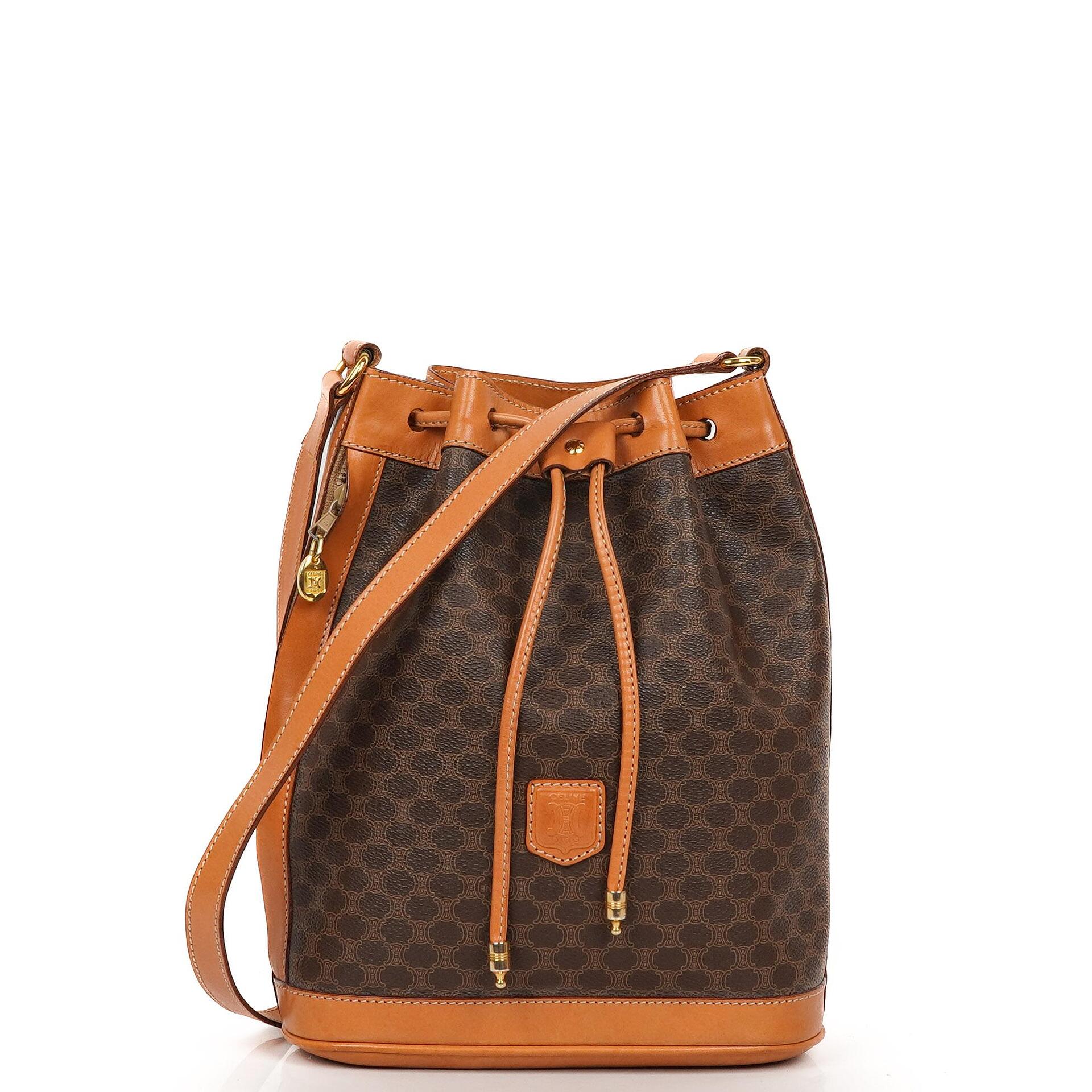 Celine Vintage Macadam Triomphe Brown Drawstring Bucket Bag