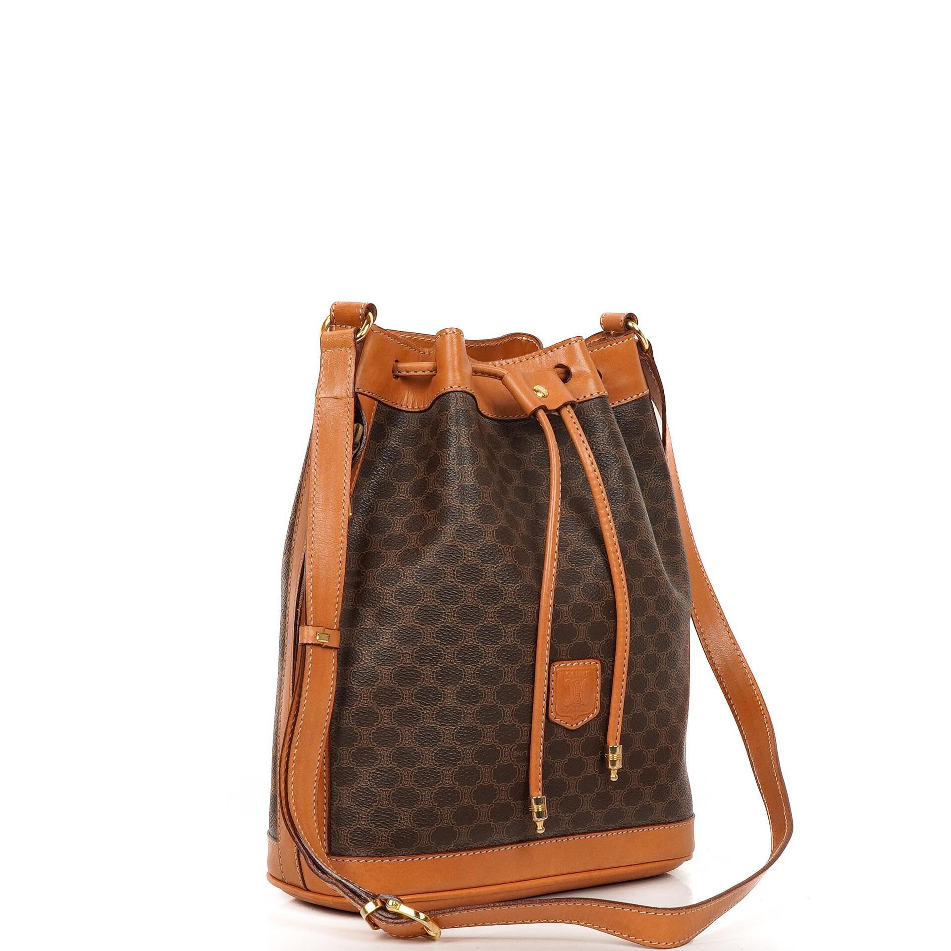 Celine Vintage Macadam Triomphe Brown Drawstring Bucket Bag