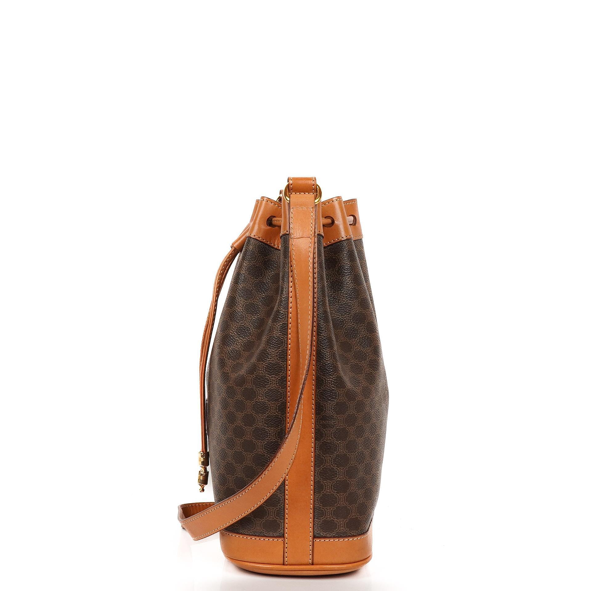 Celine Vintage Macadam Triomphe Brown Drawstring Bucket Bag