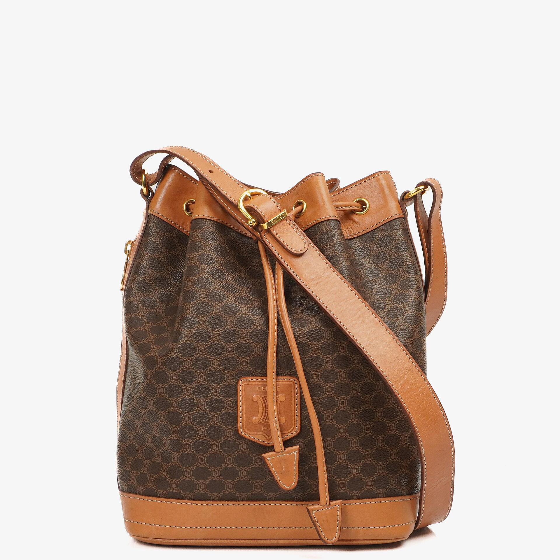 Celine Vintage Macadam Triomphe Brown Drawstring Bucket Bag