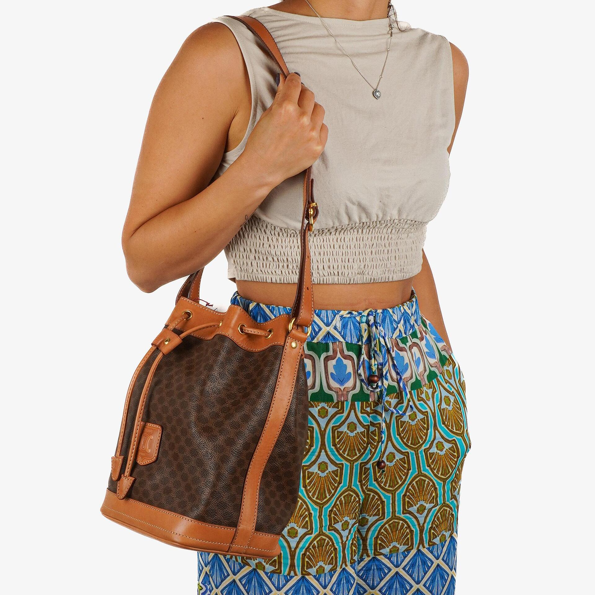 Celine Vintage Macadam Triomphe Brown Drawstring Bucket Bag