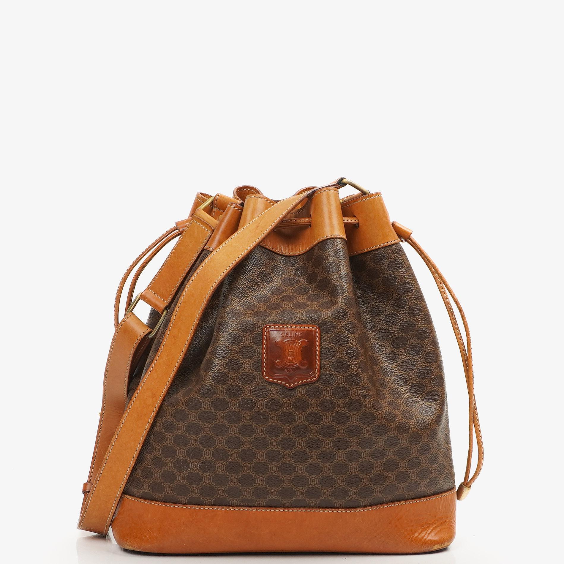 Celine Vintage Macadam Triomphe Brown Drawstring Bucket Bag