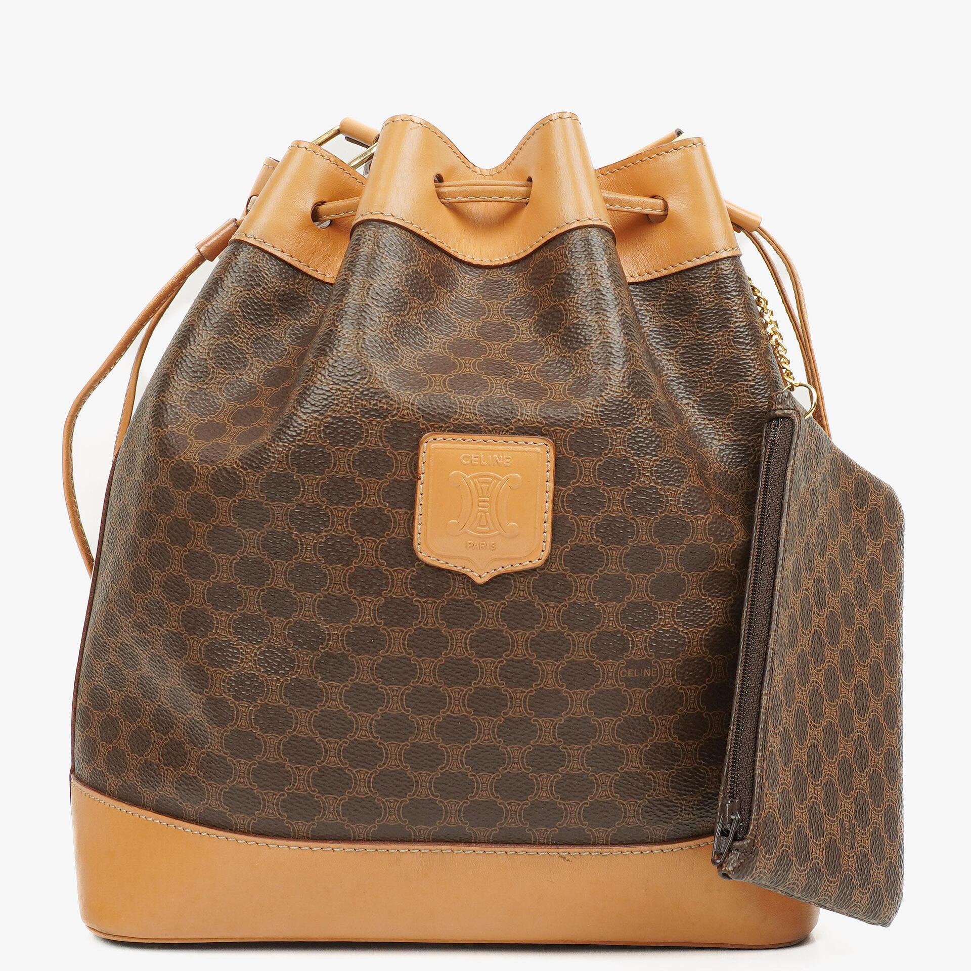 Celine Vintage Macadam Triomphe Brown Drawstring Bucket Bag