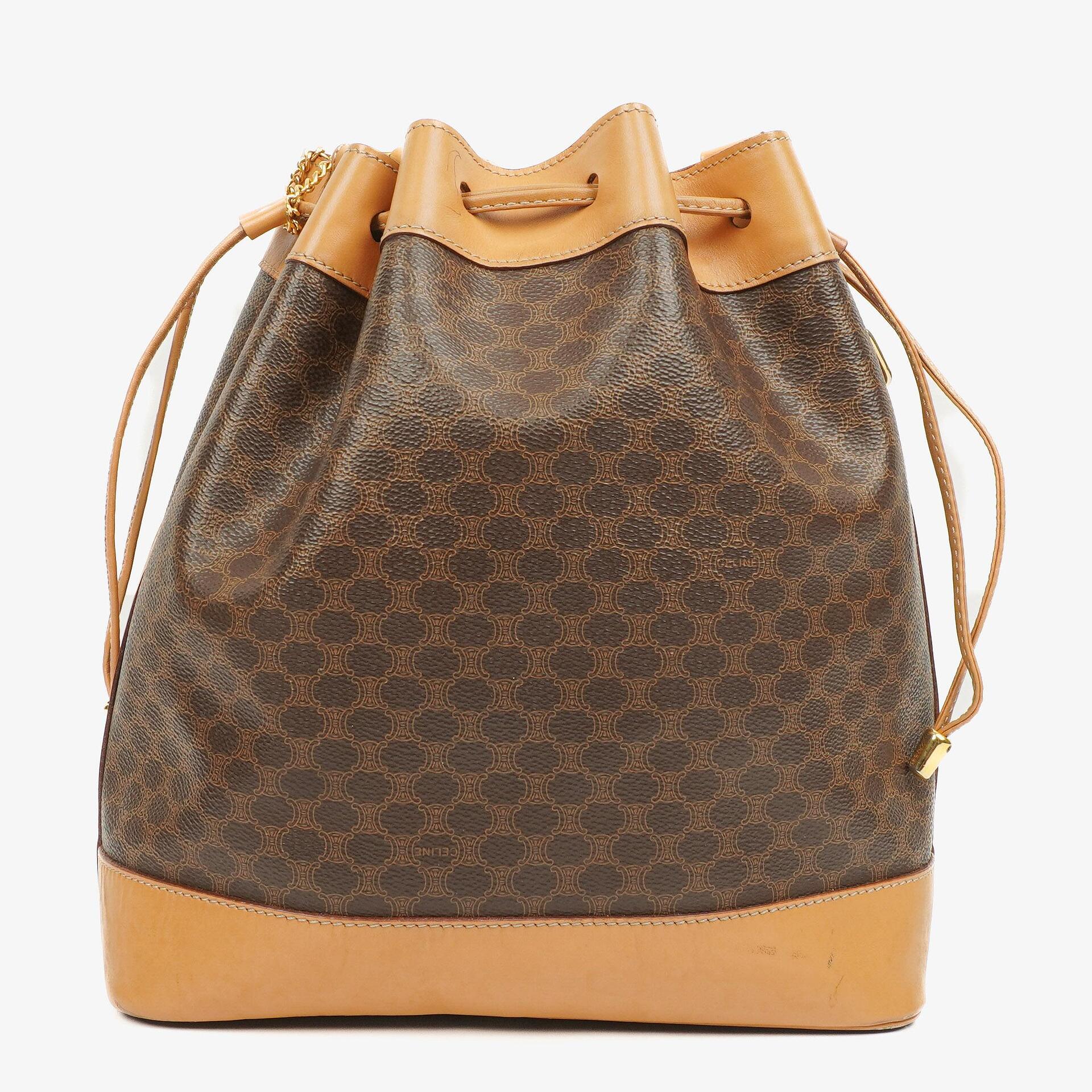 Celine Vintage Macadam Triomphe Brown Drawstring Bucket Bag