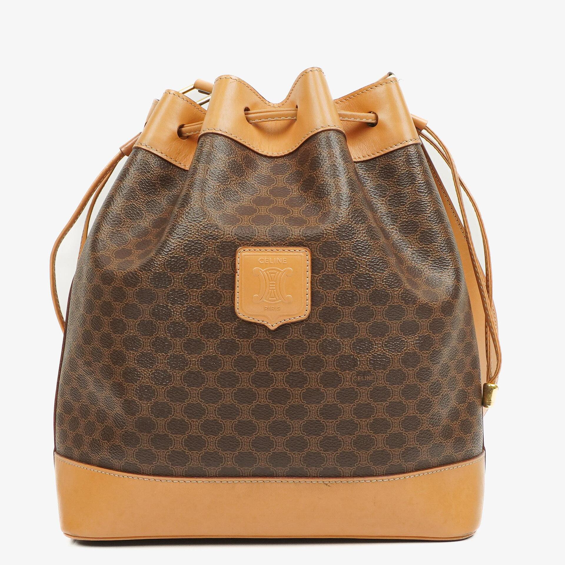 Celine Vintage Macadam Triomphe Brown Drawstring Bucket Bag