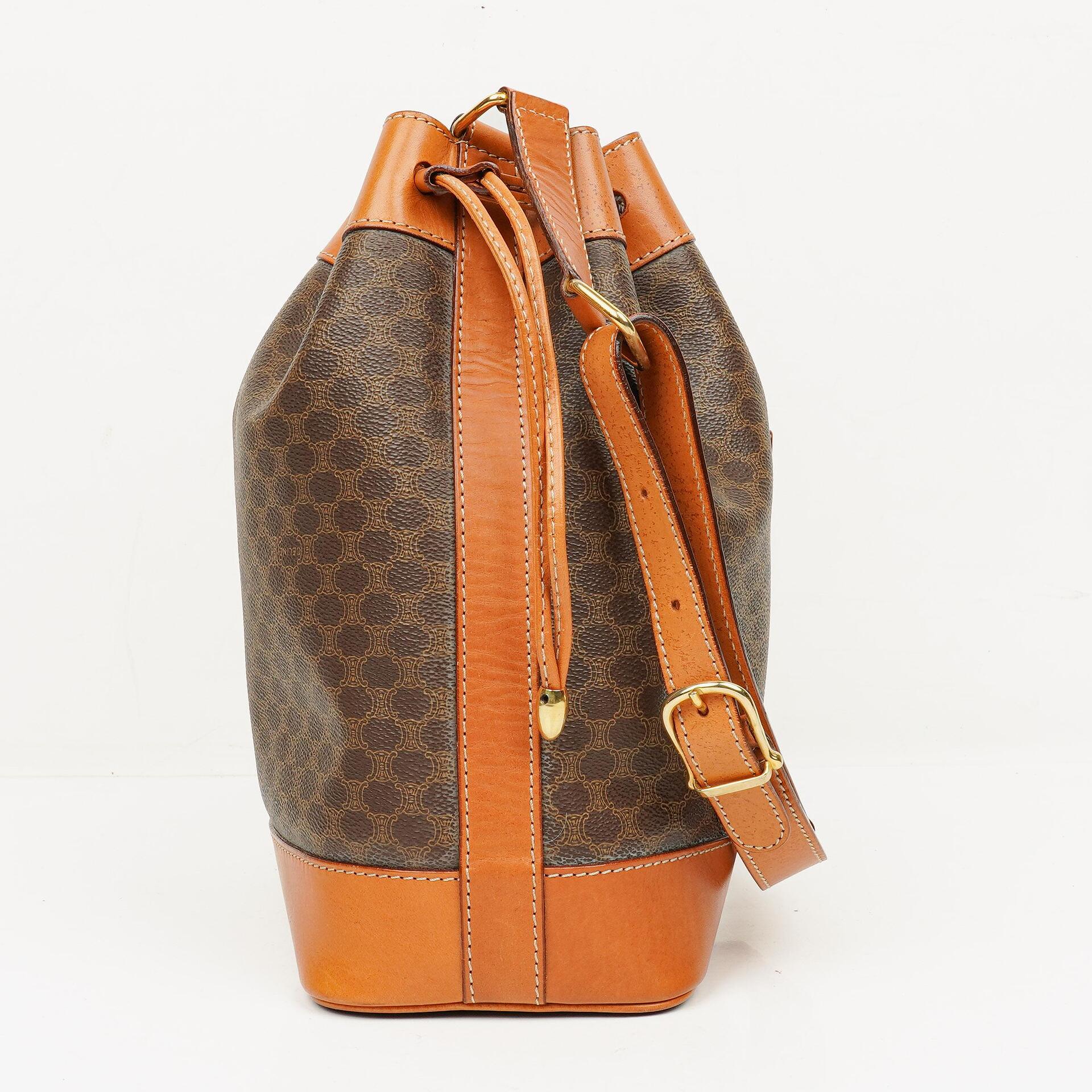 Celine Vintage Macadam Triomphe Brown Drawstring Bucket Bag