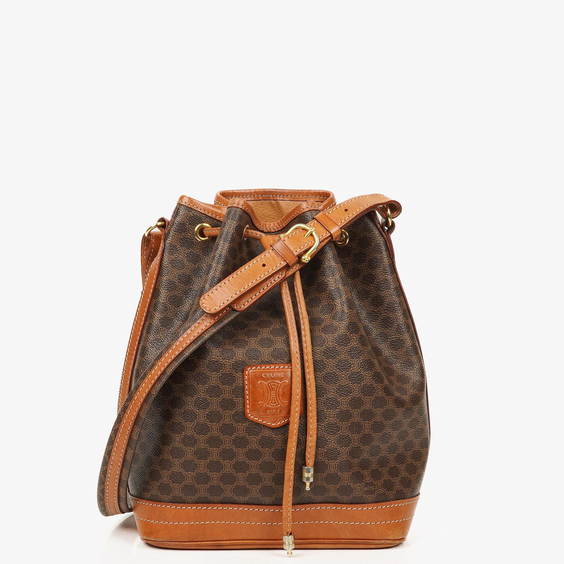 Celine Vintage Macadam Triomphe Brown Drawstring Bucket Bag