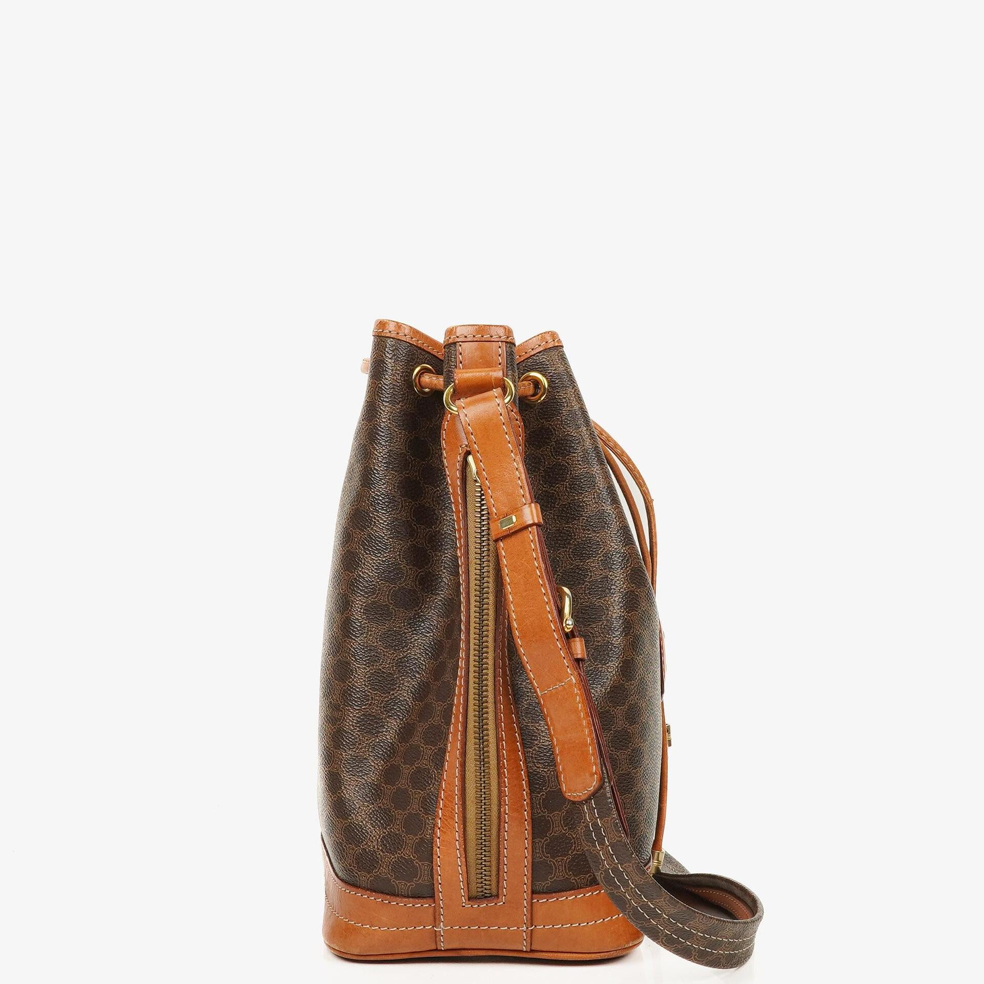 Celine Vintage Macadam Triomphe Brown Drawstring Bucket Bag