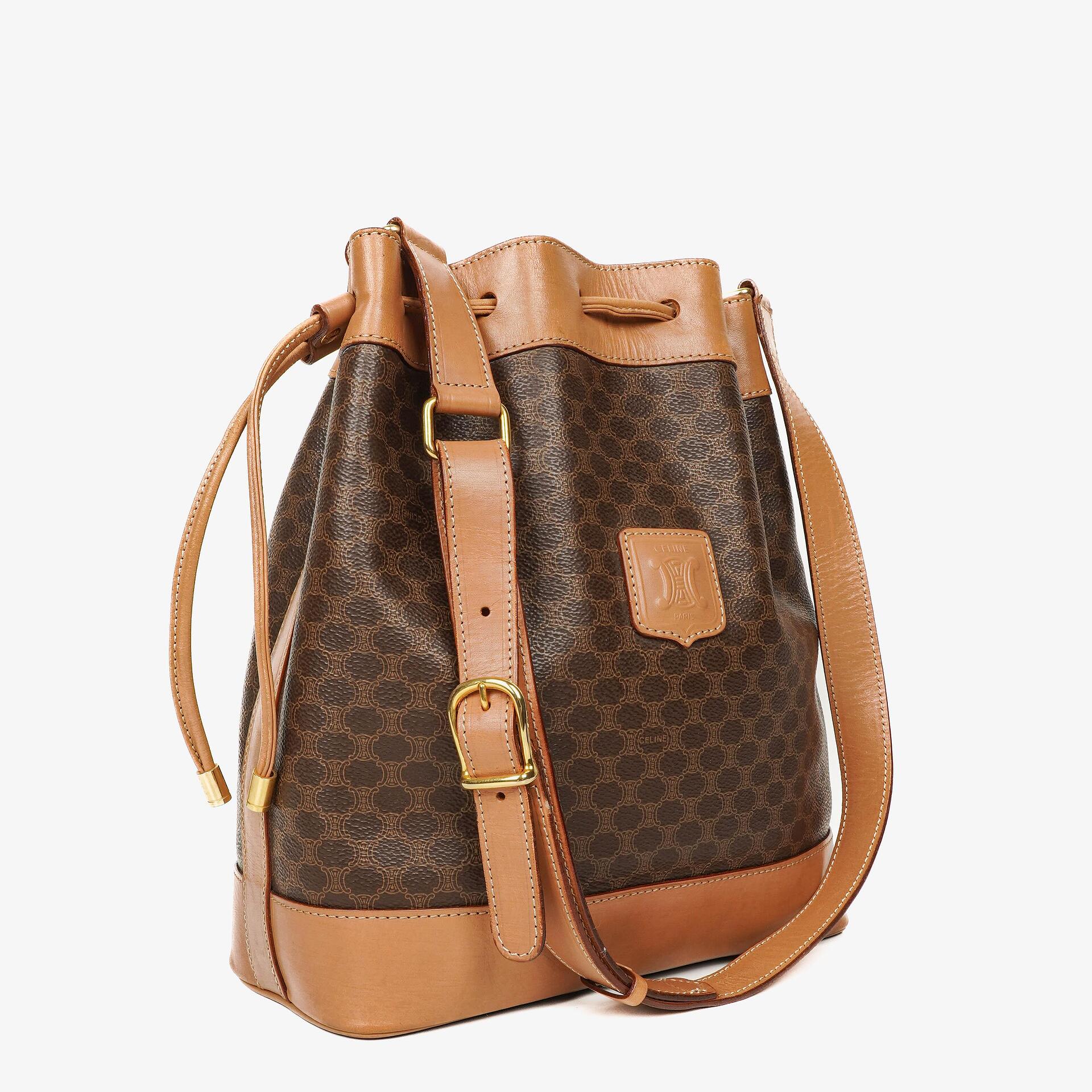 Celine Vintage Macadam Triomphe Brown Drawstring Bucket Bag