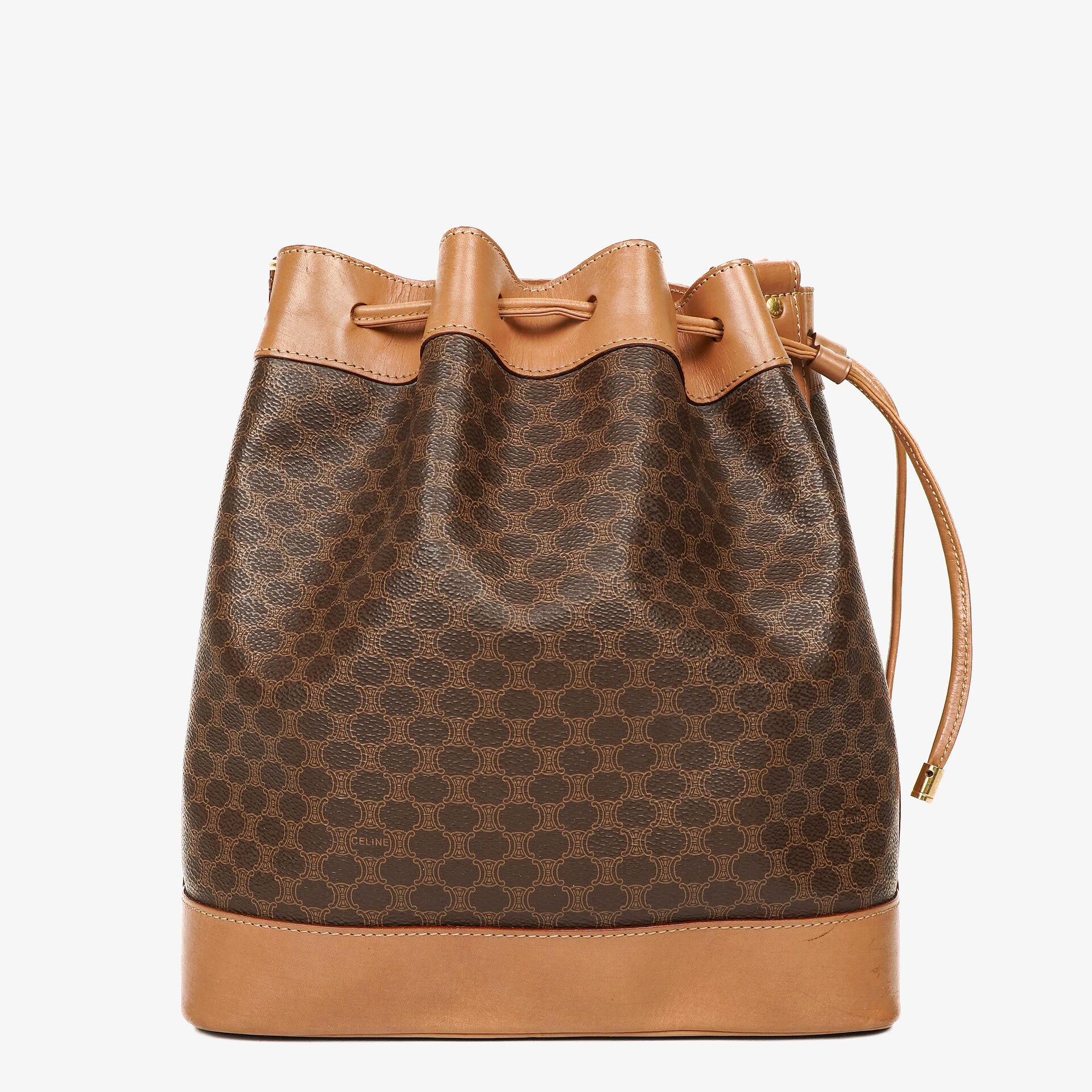 Celine Vintage Macadam Triomphe Brown Drawstring Bucket Bag