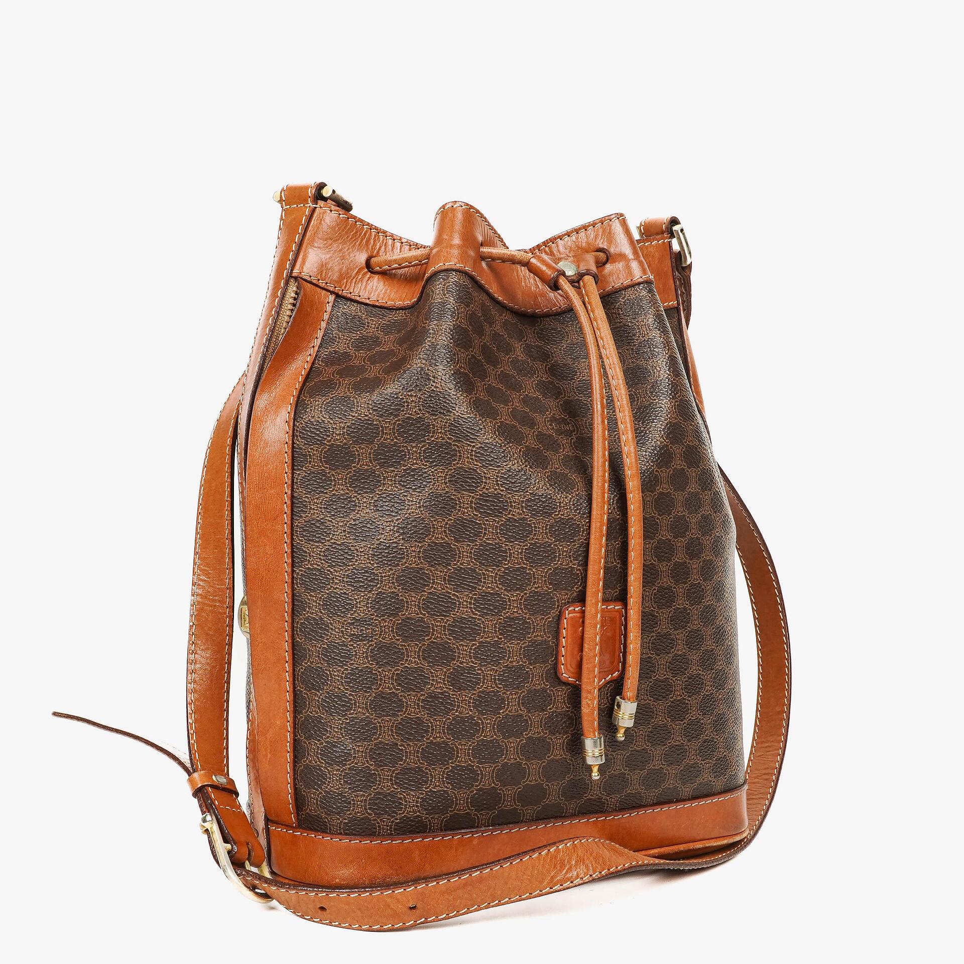 Celine Vintage Macadam Triomphe Brown Drawstring Bucket Bag