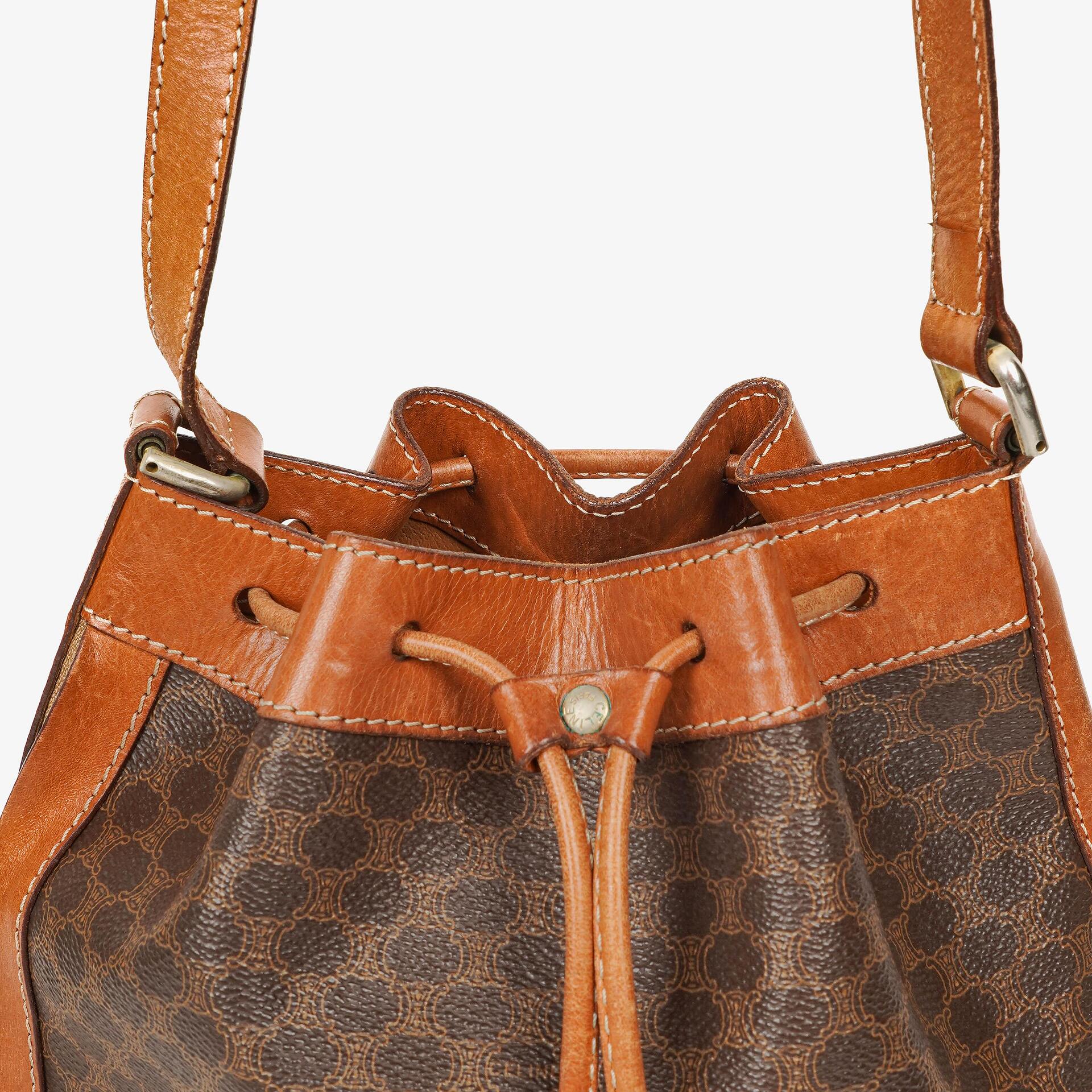 Celine Vintage Macadam Triomphe Brown Drawstring Bucket Bag