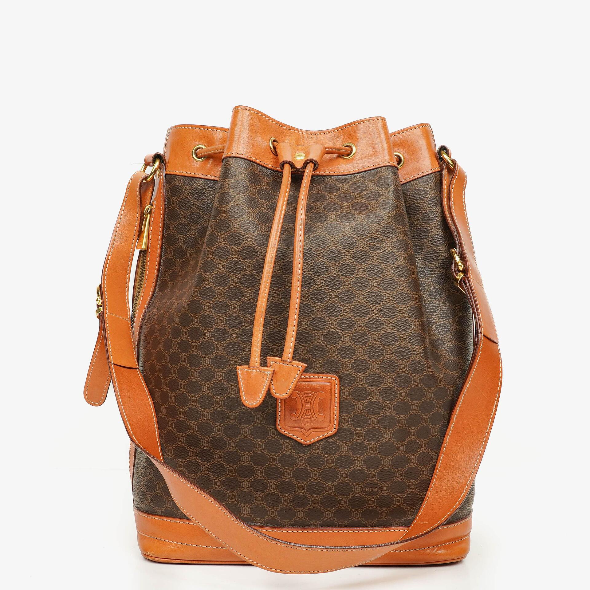 Celine Vintage Macadam Triomphe Brown Drawstring Bucket Bag