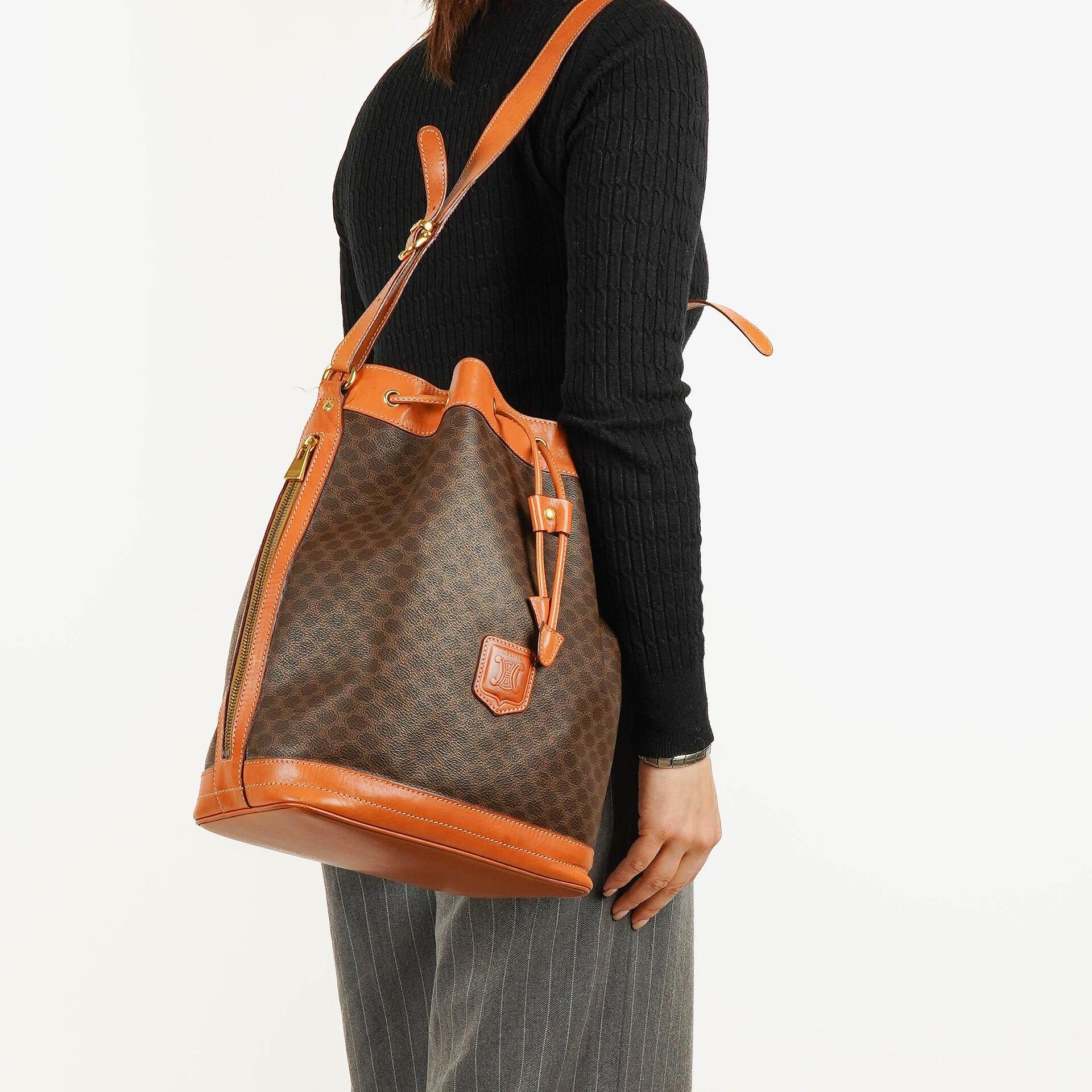 Celine Vintage Macadam Triomphe Brown Drawstring Bucket Bag