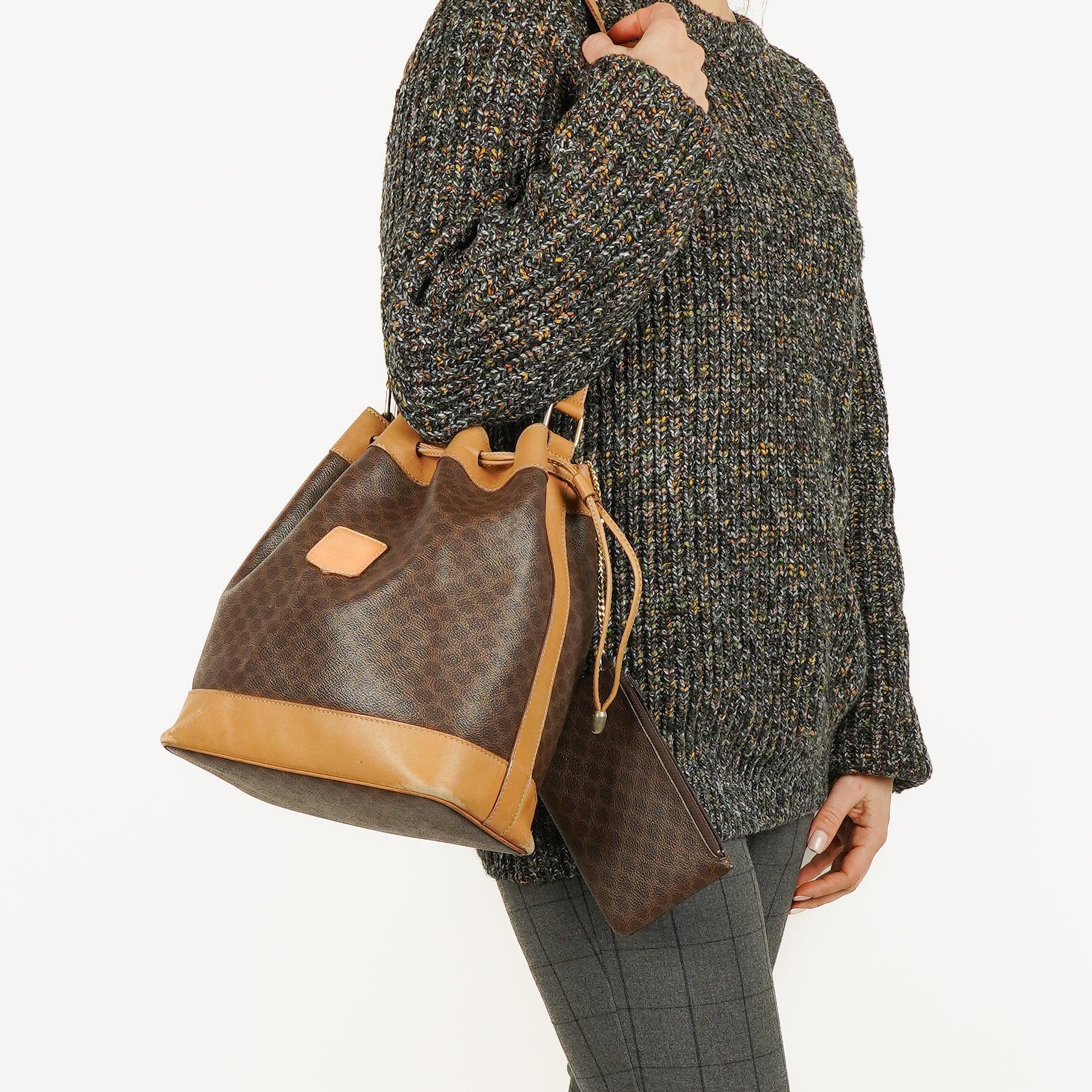 Celine Vintage Macadam Triomphe Brown Drawstring Bucket Bag