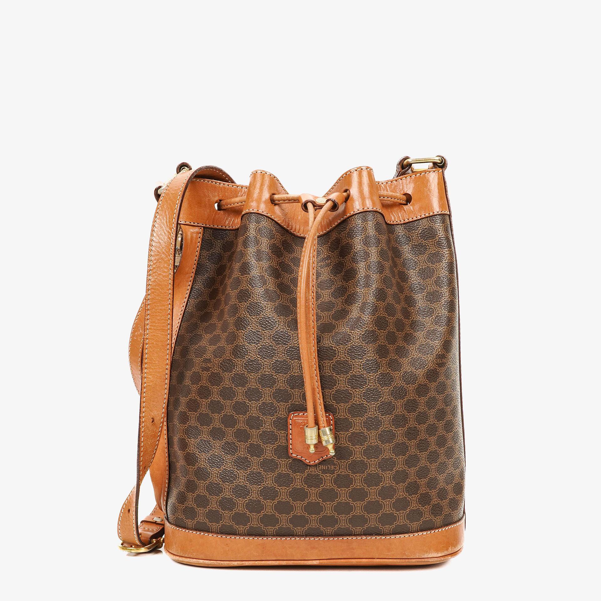 Celine Vintage Macadam Triomphe Brown Drawstring Bucket Bag