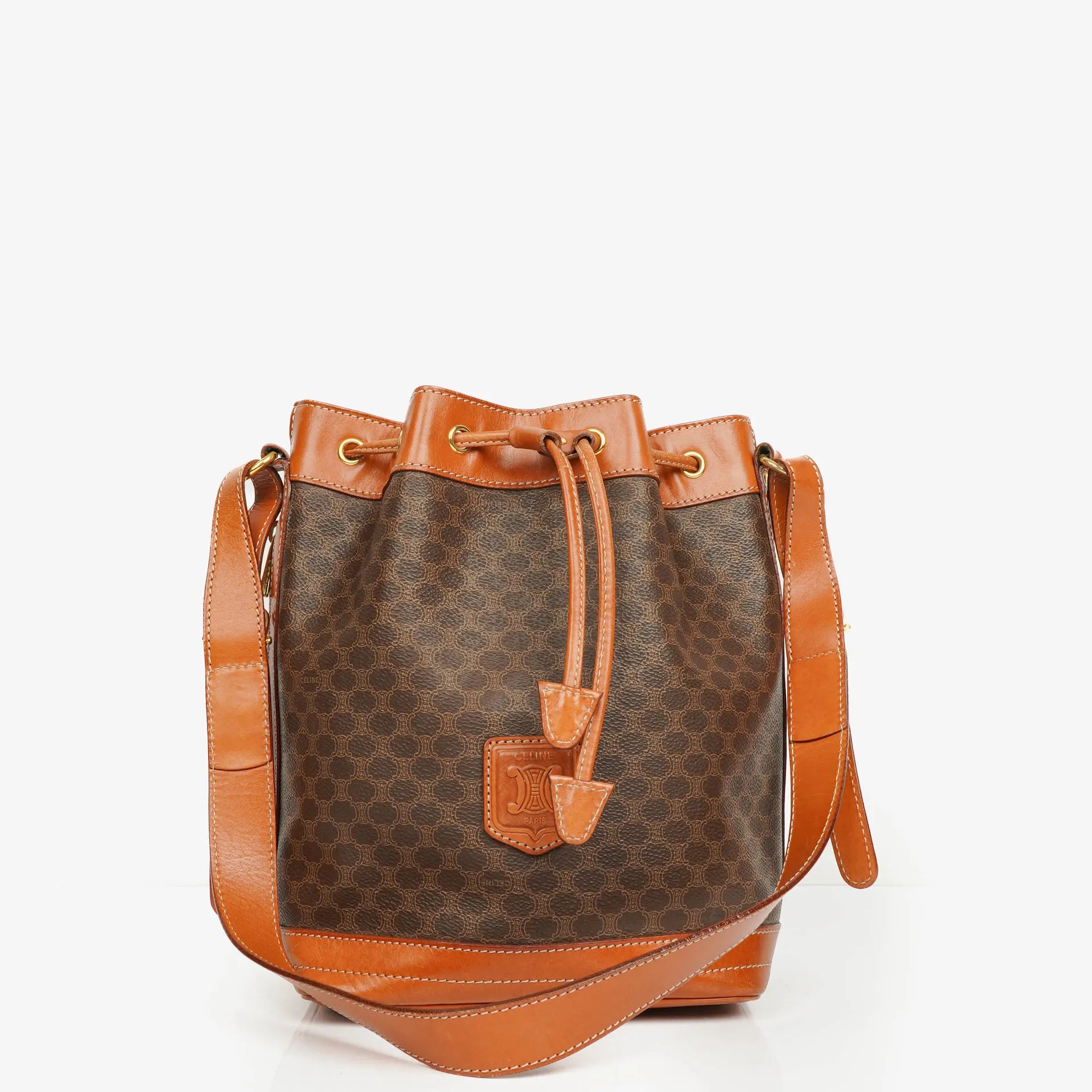 Celine Vintage Macadam Triomphe Brown Drawstring Bucket Bag