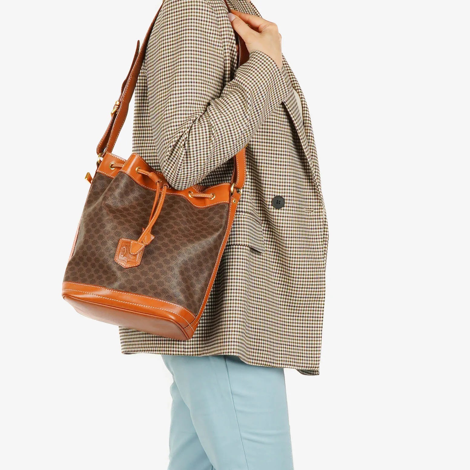 Celine Vintage Macadam Triomphe Brown Drawstring Bucket Bag