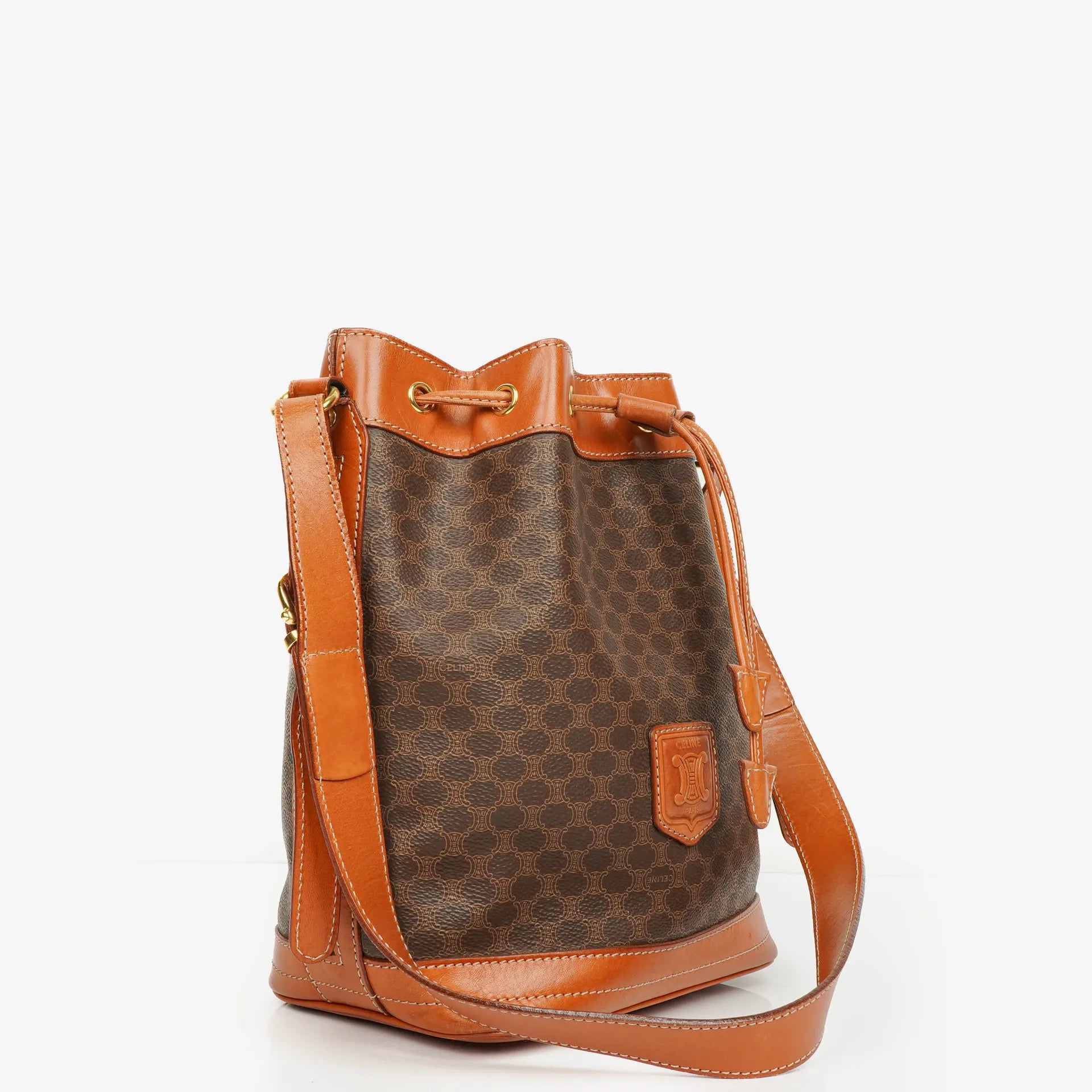 Celine Vintage Macadam Triomphe Brown Drawstring Bucket Bag